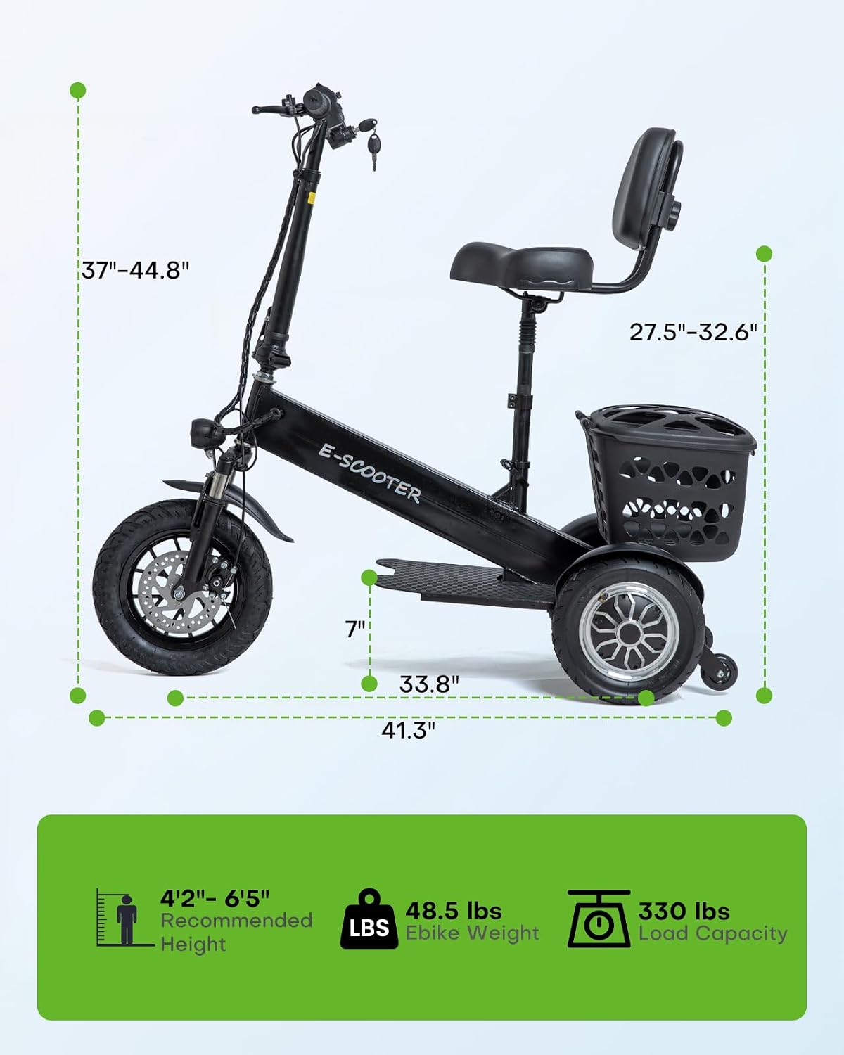 3 Wheel Electric Scooter for Adults, 3 Wheel Mobility Scooter for Adults, 330 lbs Load, Long Range, with Charger & Basket, Fits in Car Trunks for Daily Rides
