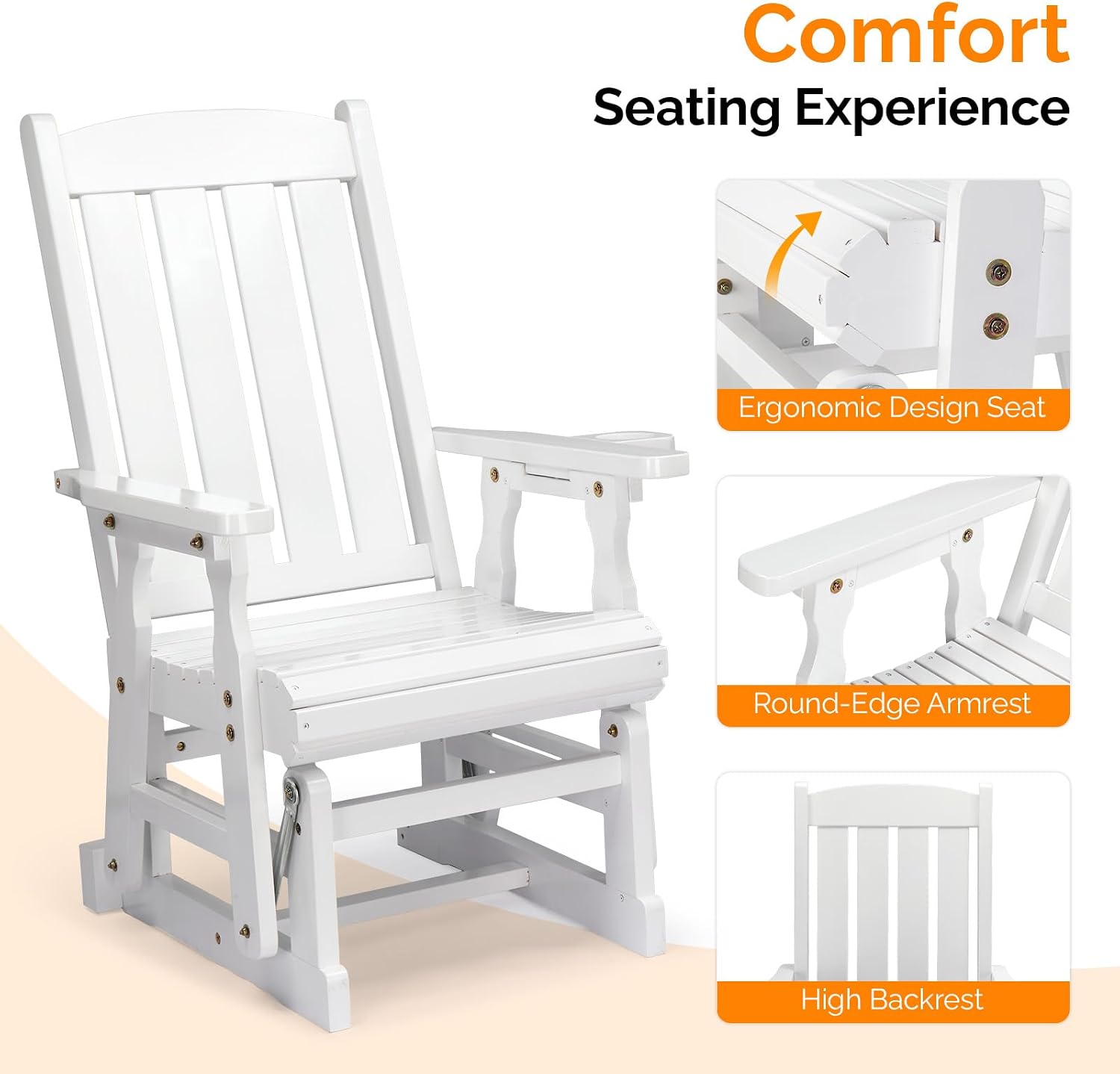 VINGLI Outdoor Glider Chair Wood Patio Glider with Cup Holder, Porch Glider with Smooth Rocking Mechanism, Heavy Duty 600 LBS, White