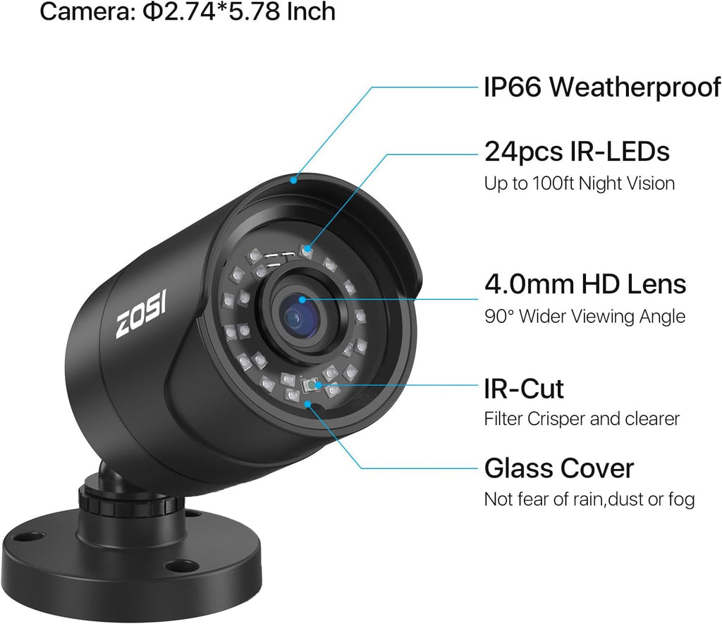 ZOSI 8CH 5MP 3K Lite Surveillance Wired Security Camera System with AI Human Vehicle Detection, 8 Channel H.265+ DVR and 4 x 1080p Bullet Camera Outdoor, 100ft Night Vision, IP66(No HDD Included)