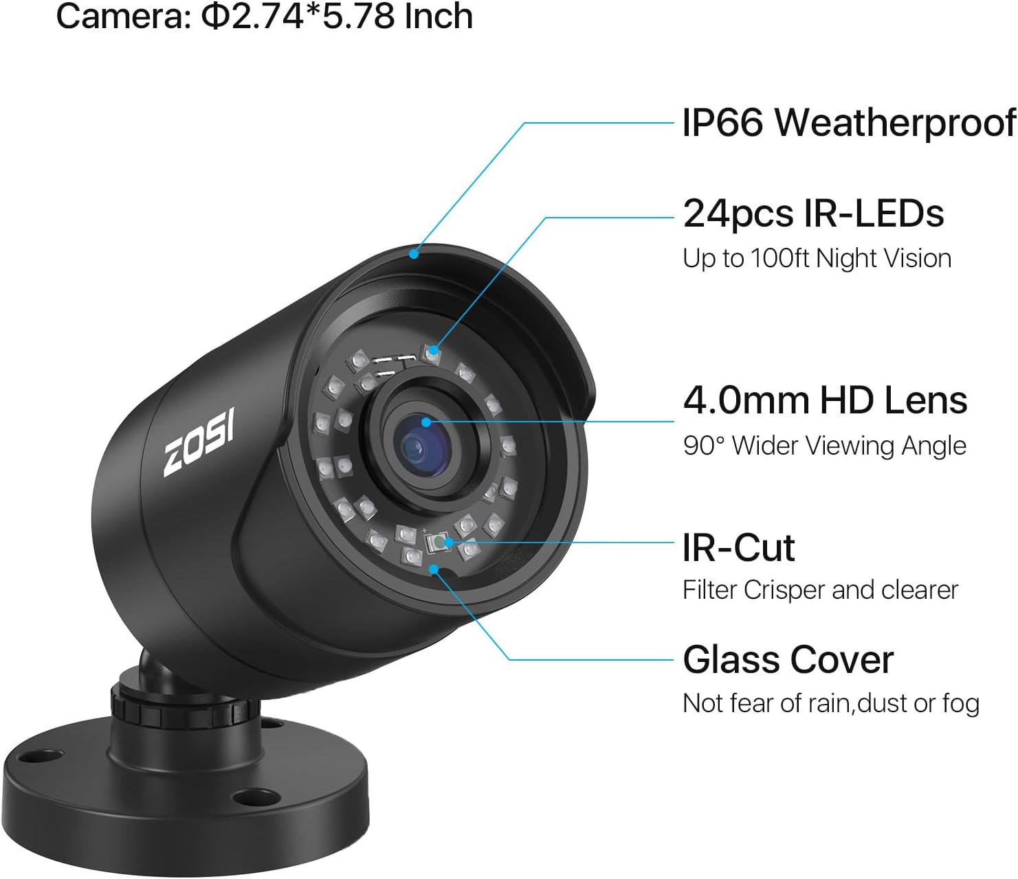 ZOSI 8CH 5MP 3K Lite Surveillance Wired Security Camera System with AI Human Vehicle Detection, 8 Channel H.265+ DVR and 4 x 1080p Bullet Camera Outdoor, 100ft Night Vision, IP66(No HDD Included)