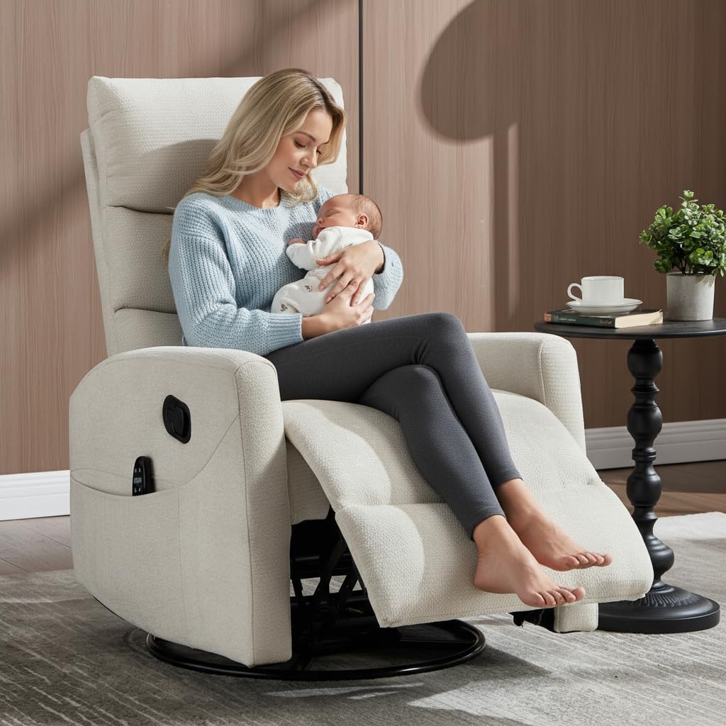 PELUMY 360° Swivel Rocker Recliner with Heat & Vibration Massage, Glider Rocking Chair for Adults, Compact Recliner for Living Room, Small Spaces, Nursery, Bedroom (Chenille, Beige)