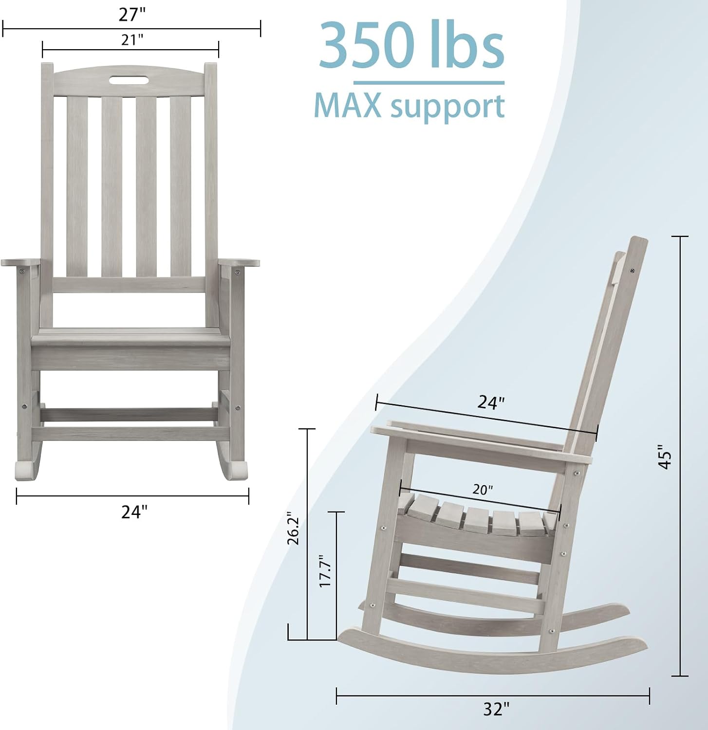 Psilvam Oversized Outdoor Rocking Chair, with 21' Wide Seat and 32' Tall Backrest, Pre-Assembled with Most Components for Effortless Installation (Gray)
