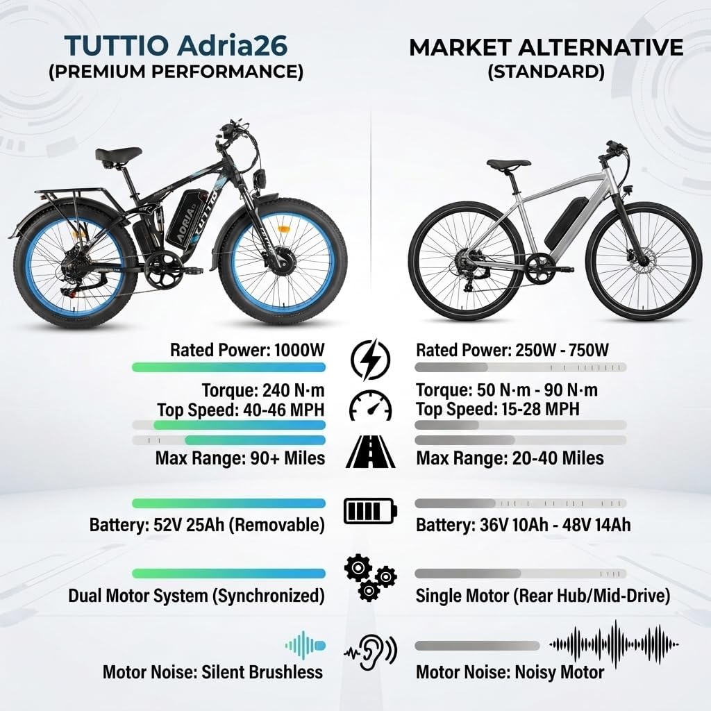 Tuttio-Adria26 6000W/5000W Peak Dual-Motor Ebike for Adults - 52V Fast Ebike, Long-Range Electric Bicycle, Full Suspension, 26 Inch Fat Tire Bike for Off-Road, Mountain, Snow, Hunting, Commuting