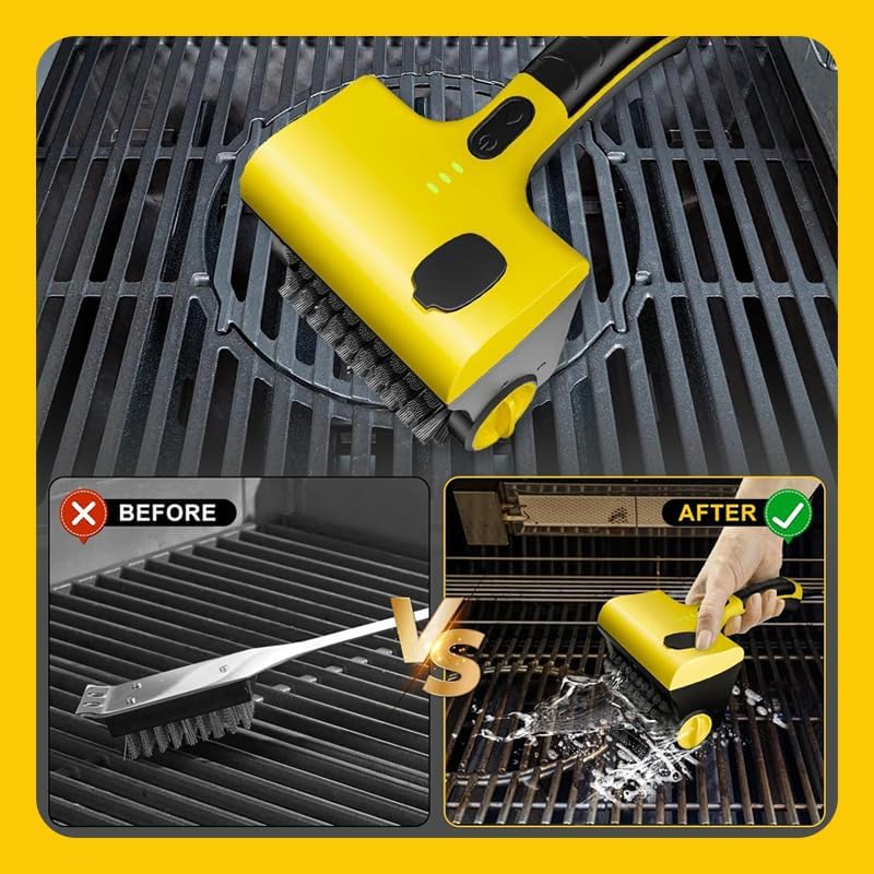Cordless Electric Grill Cleaner - 360° Rotating BBQ Brush with Replacement Bristles, Safe for Charcoal Grates & All Grill Types, Fast & Efficient Cleaning Tool