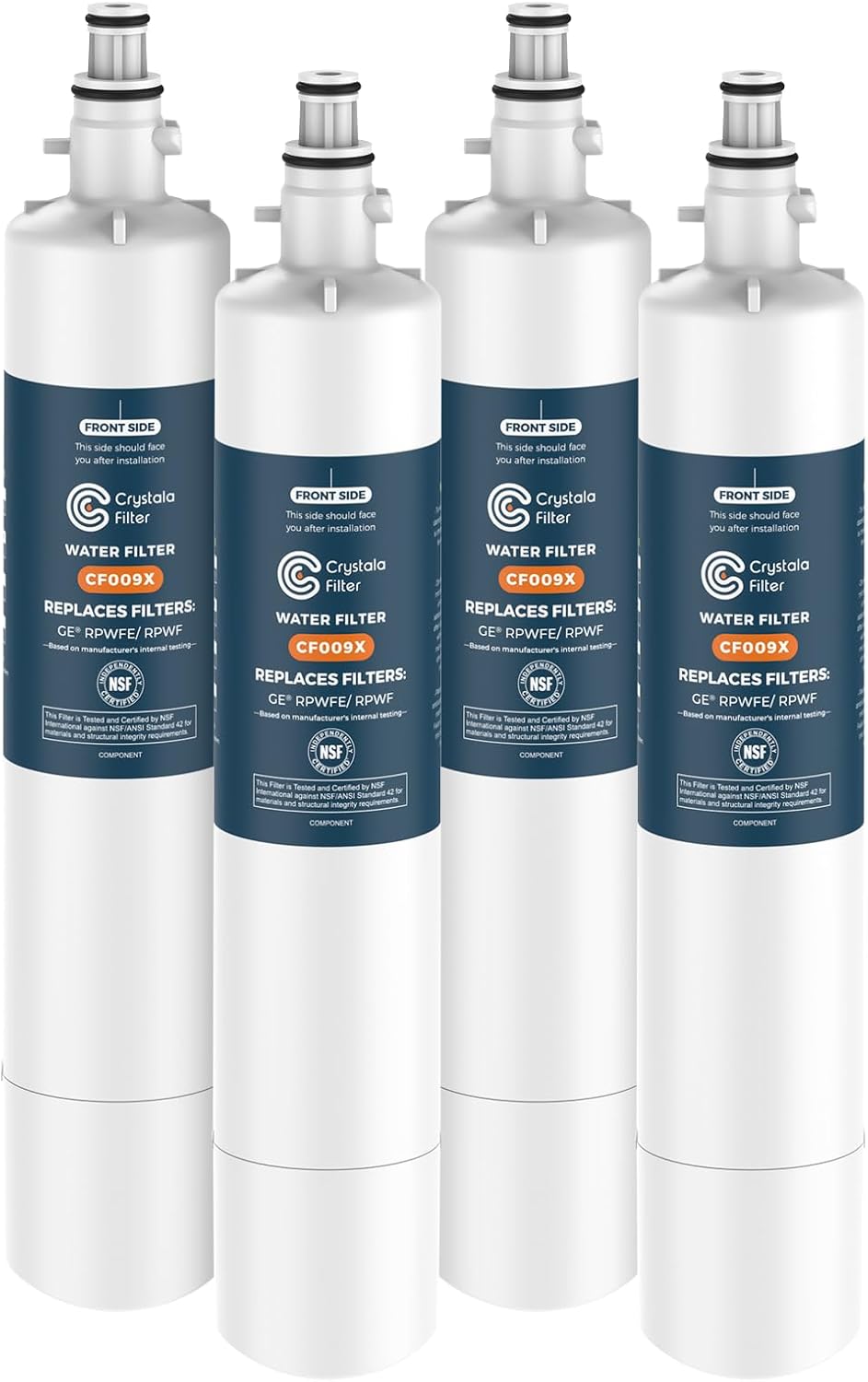 Crystala Filters Replacement for GE® RPWFE, RPWF (with CHIP) Refrigerator Water Filter, Compatible with WSG-4, WF277, GFE28GMKES, PFE28KBLTS, GYE22HMKES, DFE28JSKSS, GFE28GYNFS, GFD28GYNFS, 4 Pack