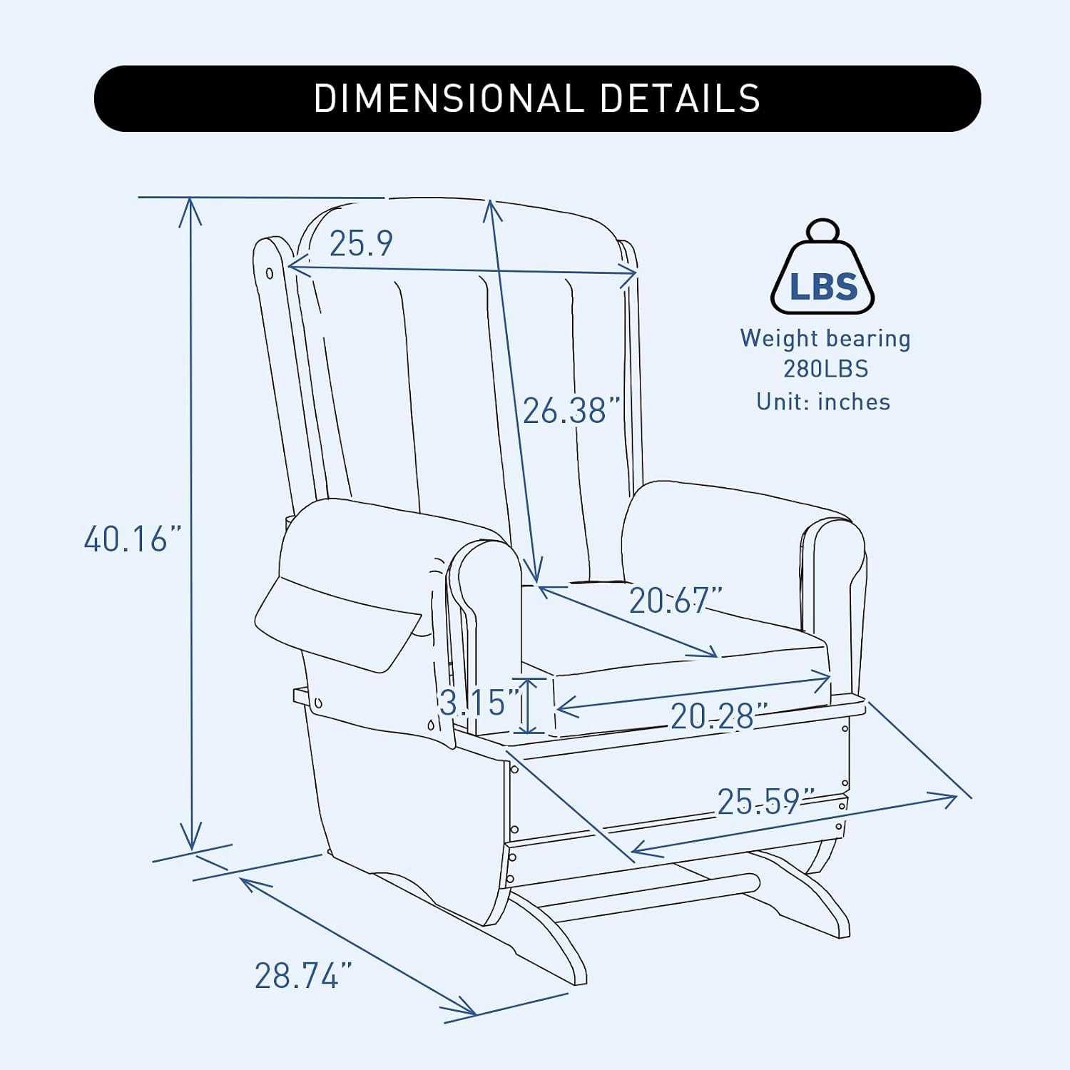 Modern Glider Rocker with Padded Cushion, Solid Wood Glider Gentle Rocking Chair, Soft Skin-Friendly Three Proof Fabric, Water Oil Resistant,Smooth Rocking Motion Indoor Living Room, Blue