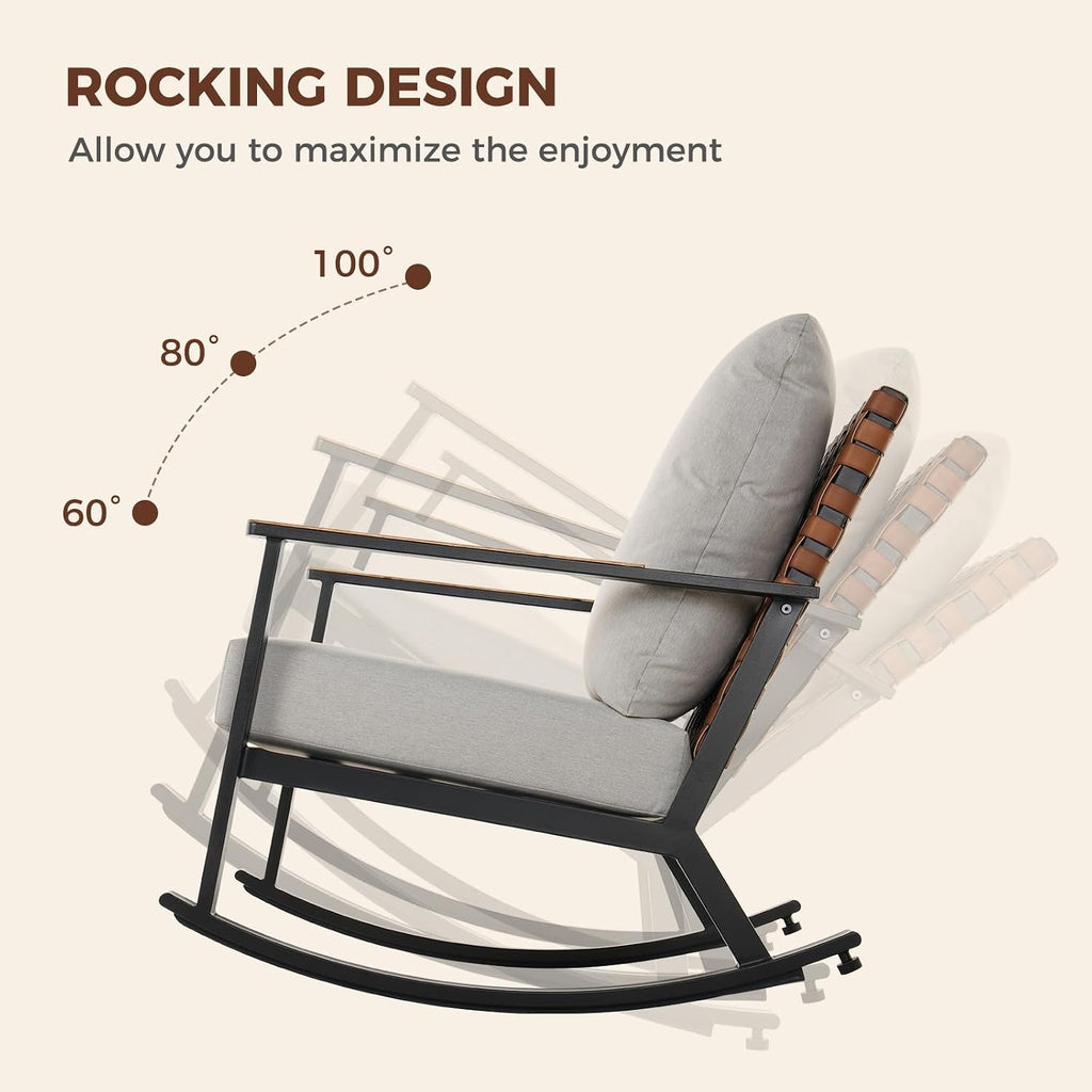 Grand patio Outdoor Rocking Chairs, 6-Piece Leather-Look Patio Bistro Set Outdoor Furniture Conversation Sets with Loveseat, 2 Rocking Chairs and 2 Faux Wood Grain Coffee Table, 4.75'' Grey Cushions
