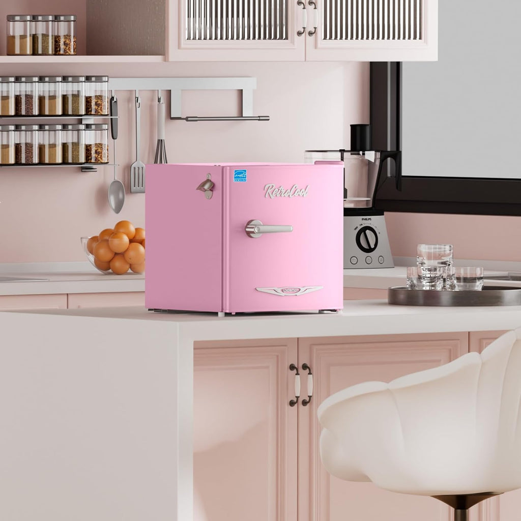 Upstreman 1.7 Cu.Ft Retro Mini Fridge, Low Noise, Energy Saving, Adjustable Thermostat, Single Door, Side Bottle Opener, Metal Handle, Compact Refrigerator for Office, Bedroom, Dorm-FR17 PRO (Pink)