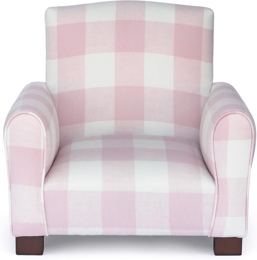 Toddler Personalized Armchair, Kids Upholstered Rocking Chair with Personalization, Toddler Chair with Personalized Name, Comfy Child Armchair (Legs, Pink Check)