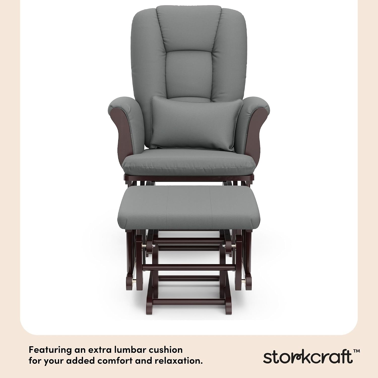 Storkcraft Tuscany Custom Glider and Ottoman with Free Lumbar Pillow (Espresso/Grey) - Cleanable Upholstered Comfort Rocking Nursery Chair with Ottoman