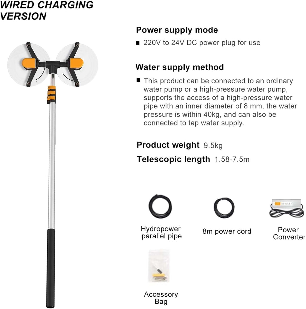 7.5M Water Supply Pole Kit, Outdoor Window Roof Glass Cleaner Tool with Telescopic Pole, Electric Rotary Cleaning Brush, Double Head Solar Panel Cleaning Equipment (Rechargeable)