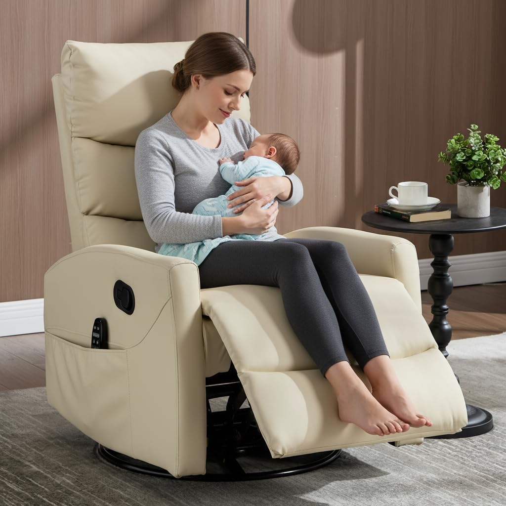 PELUMY 360° Swivel Rocker Recliner with Heat & Vibration Massage, Glider Rocking Chair for Adults, Compact Recliner for Living Room, Small Spaces, Nursery, Bedroom (Breathable Leather, Creamy Beige)