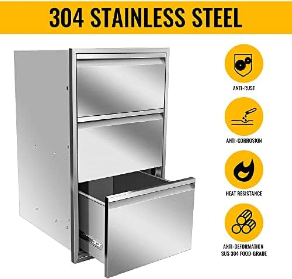 Outdoor Kitchen Drawer Stainless Steel BBQ Triple Drawer Flush Mount for Outdoor Kitchen Island,-17W X 30H X 21D Inch