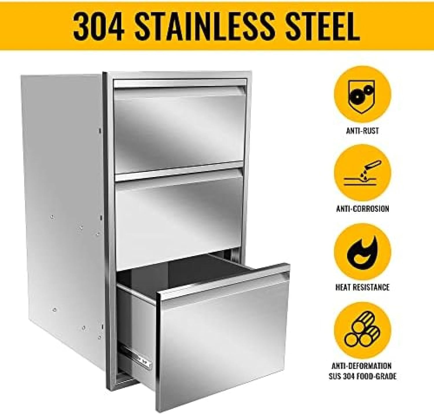 Outdoor Kitchen Drawer Stainless Steel BBQ Triple Drawer Flush Mount for Outdoor Kitchen Island,-17W X 30H X 21D Inch