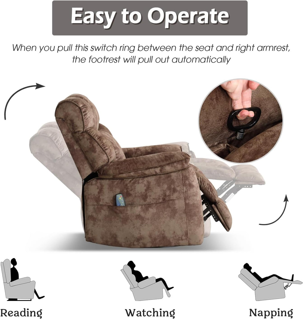 INZOY Oversized Rocker Recliner with Heat and Vibration, Manual Swivel Rocking Chair with Vibrating Massage, Comfy Padded Overstuffed Soft Fabric Heated Recliner, Brown