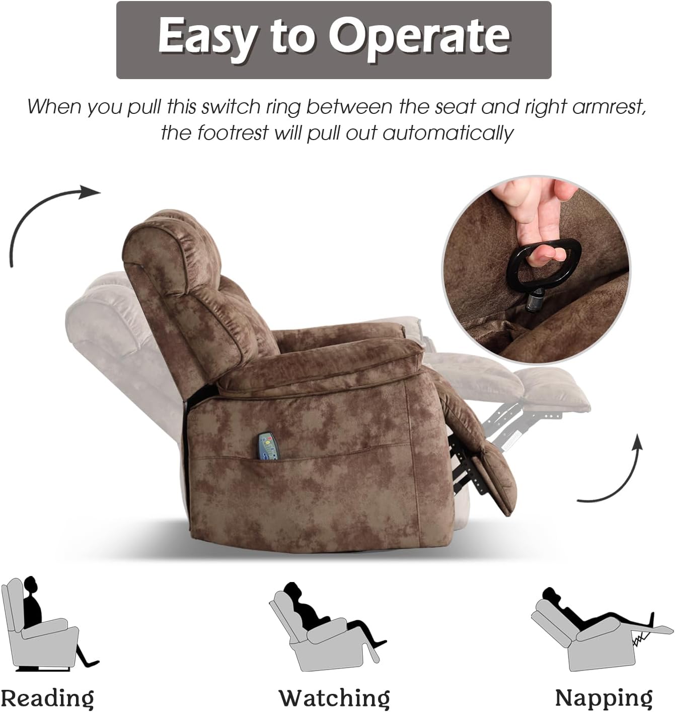INZOY Oversized Rocker Recliner with Heat and Vibration, Manual Swivel Rocking Chair with Vibrating Massage, Comfy Padded Overstuffed Soft Fabric Heated Recliner, Brown