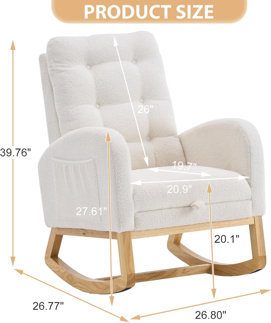 cinkehome Nursery Rocking Chair with Retractable Foot Rest, Teddy Glider Rocking Chair, Mid Century Rocker Chair, High Back, Solid Wood Legs