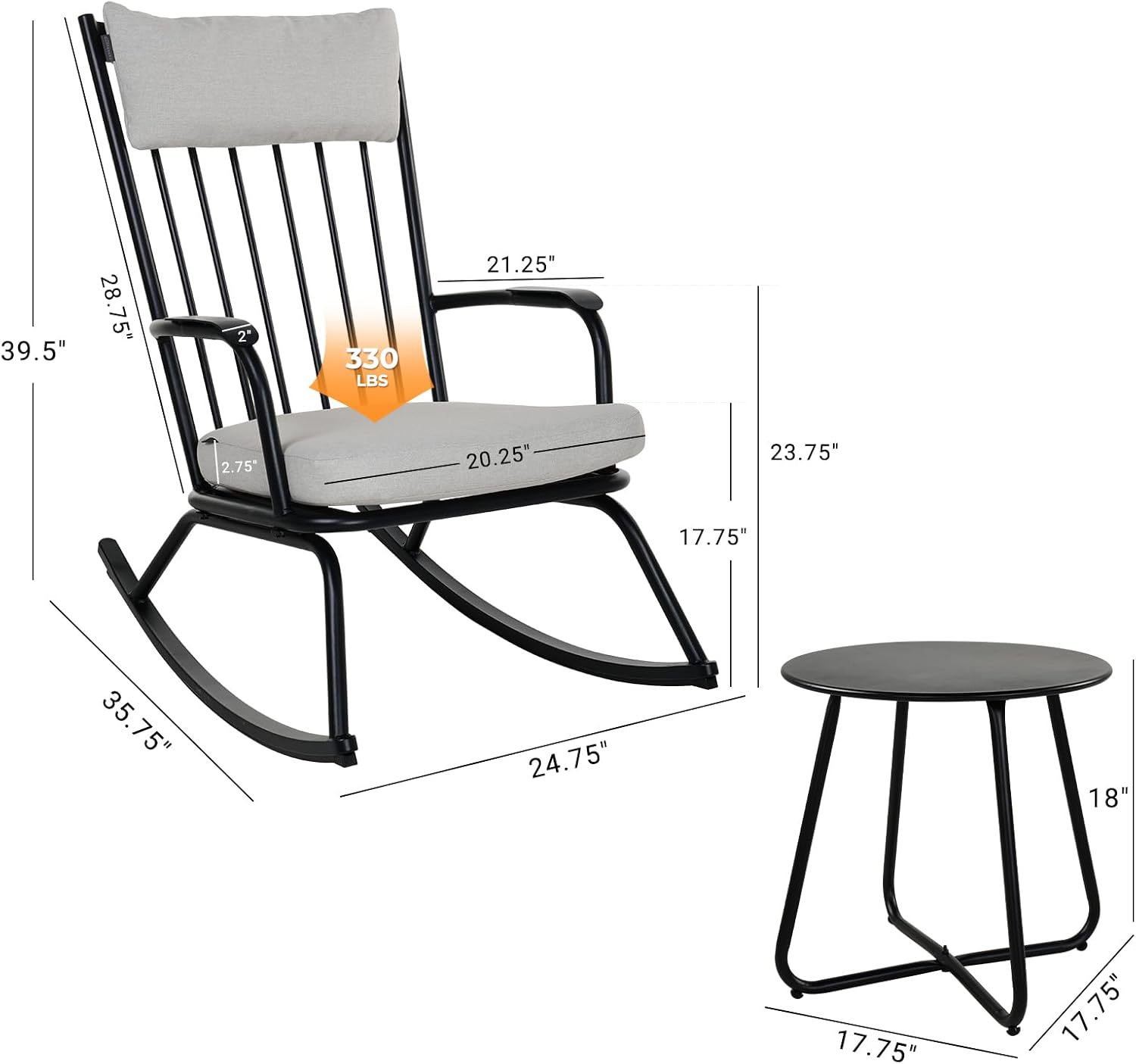 Grand patio 3-Piece Outdoor Rocking Chair Set, Steel Rocking Chairs with Cushions and 18-inch Round Side Table, Outdoor Bistro Set for Patio Porch Deck, Black