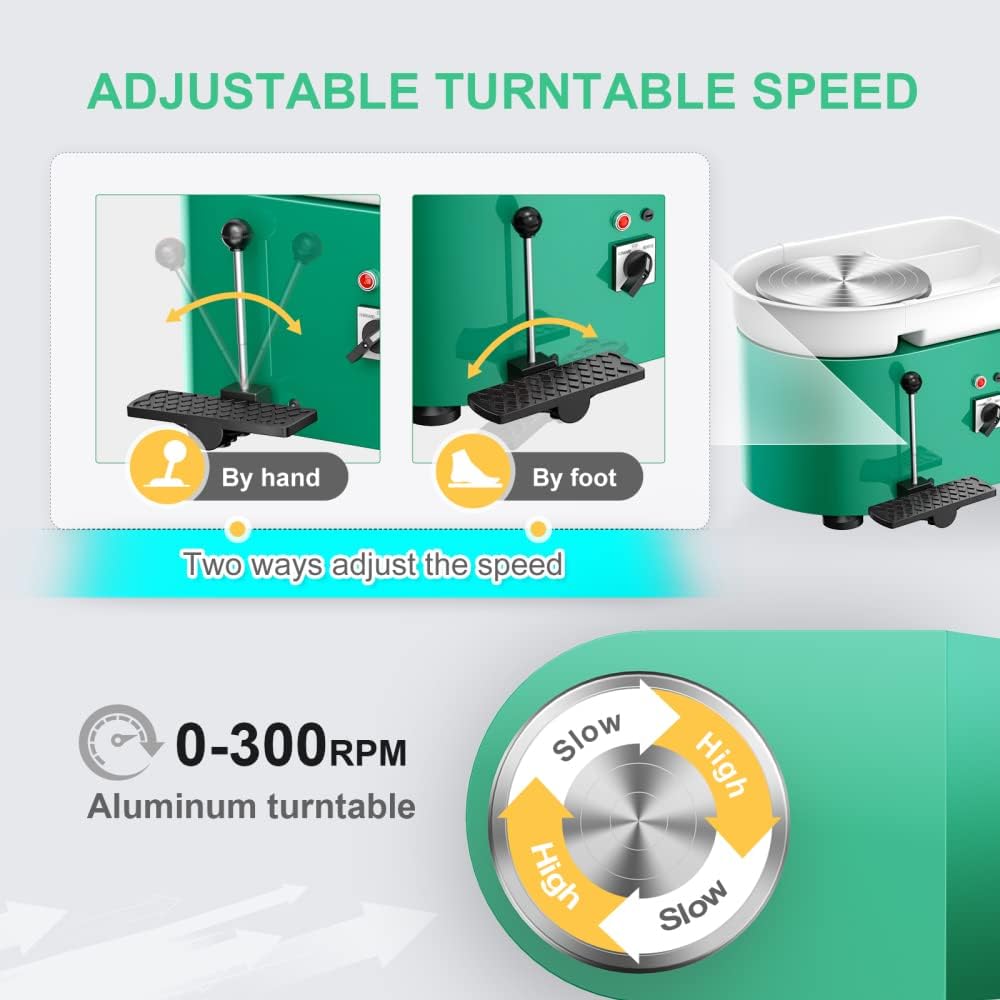 Pottery Wheel Pottery Forming Machine 25CM 350W Electric Pottery Wheel with Detachable Basin Foot Pedal DIY Clay Tool Ceramic Machine Work Clay Art Craft (Green)1