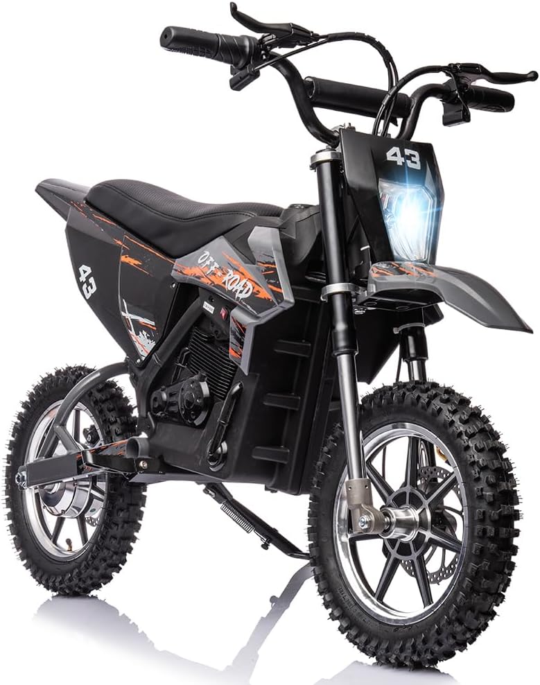 36V Electric Dirt Bike for Kids, Ride on Motorcycle 350W Brushless Motor Fast Speed 15.5MPH with LED Headlight, Leather Seat,Front+Back Brake for Teens Max Load 175lbs,Black