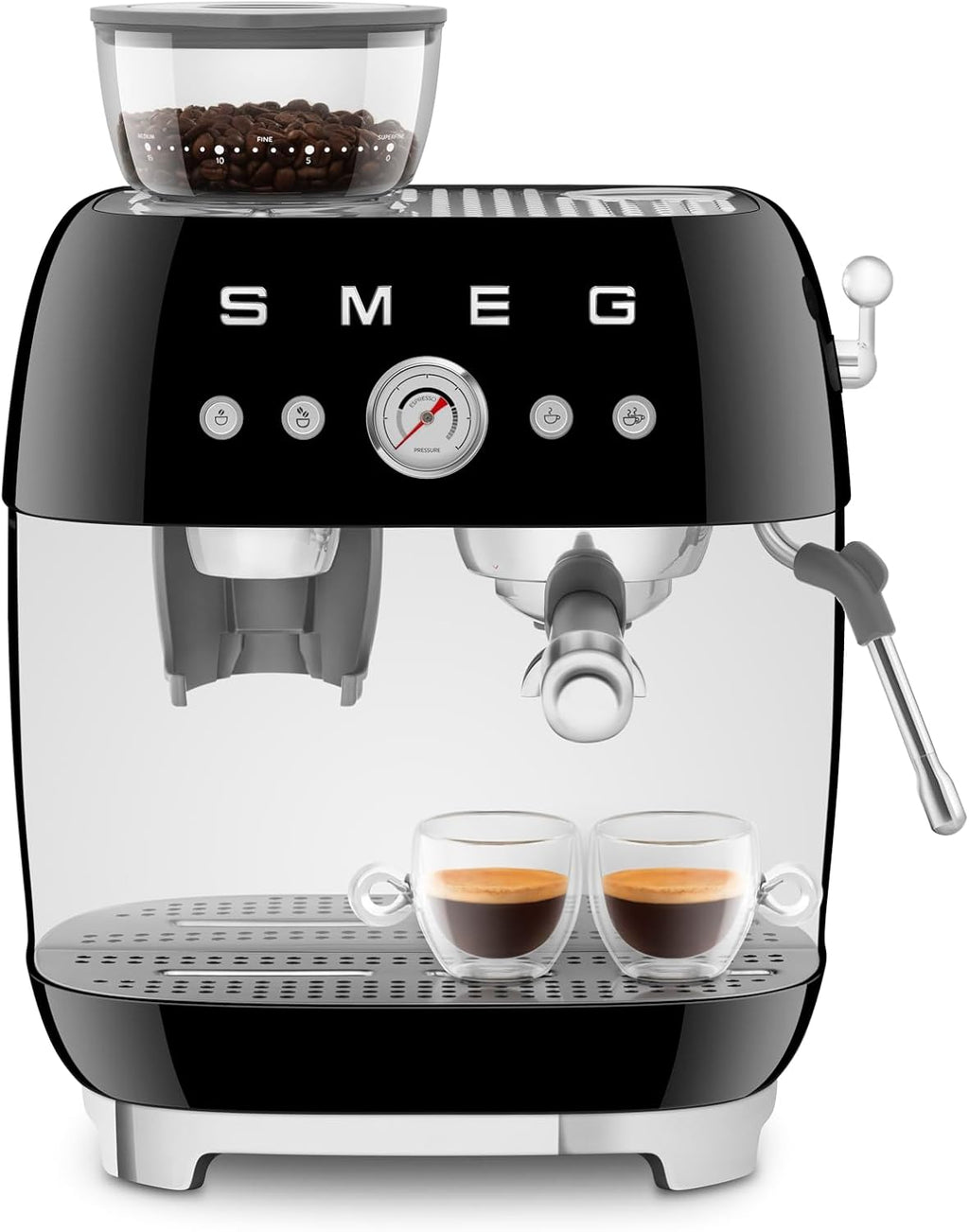 Smeg EGF03 Semi-Automatic Espresso Machine with Built-In Grinder, Dual Thermoblock, 50's Retro Style – Black (120 V)