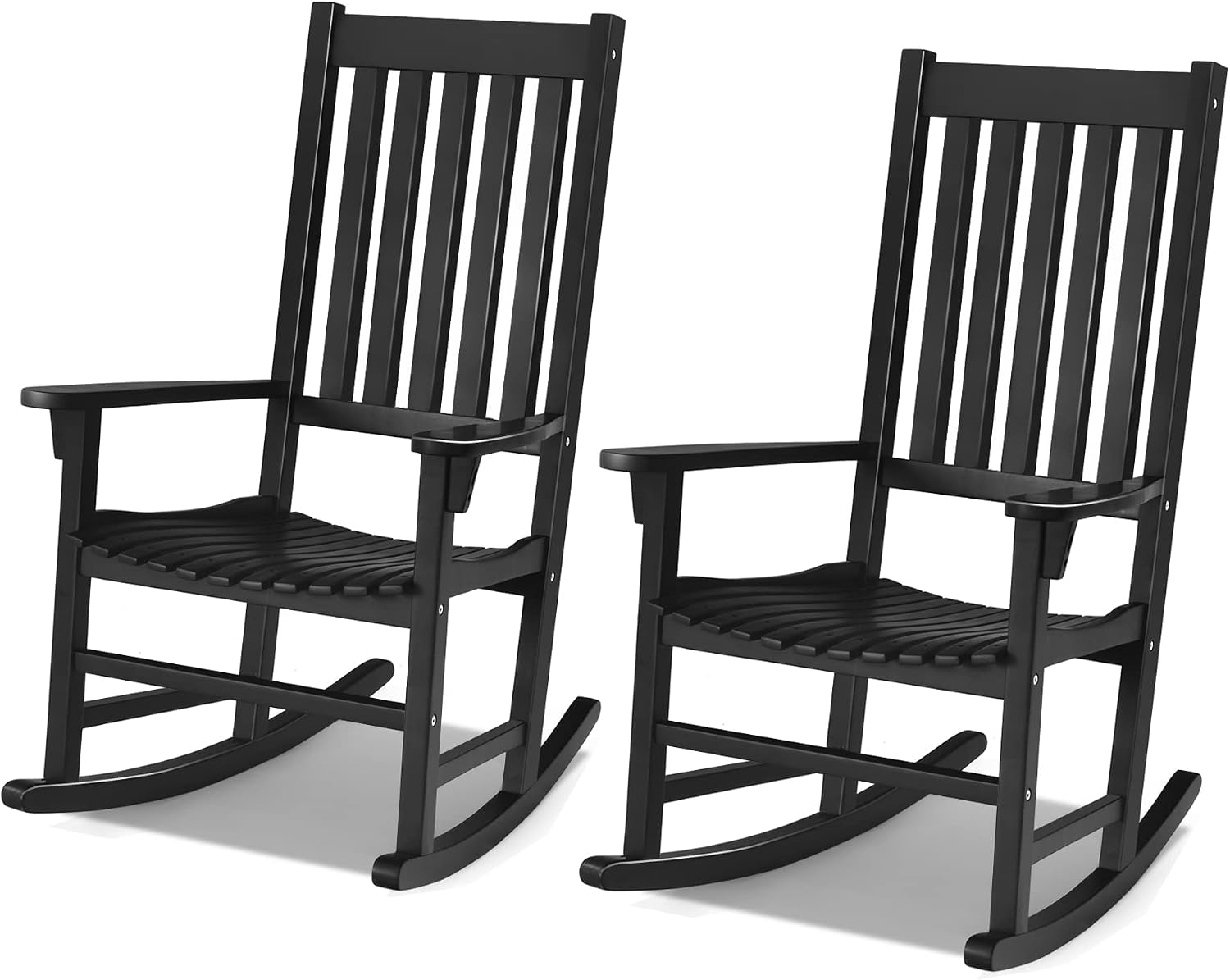 Tangkula Acacia Wood Porch Rocking Chair Set, Wooden Rocking Chair Rocker with High Back & Armrest for Indoor Outdoor Use, Patio Rocker for Garden Lawn Balcony Backyard Poolside (2, Black)