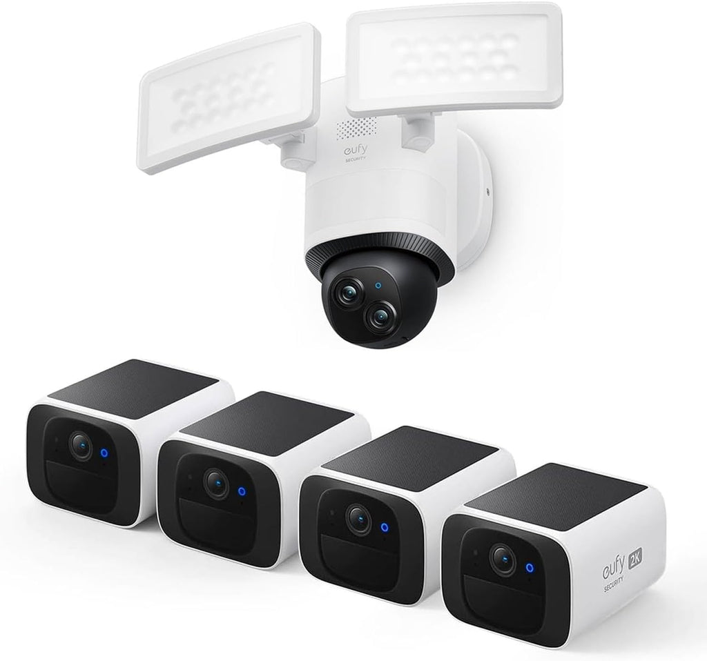 eufy Security S220 SoloCam 4-Cam Pack, Solar Charging, Wireless Outdoor Camera + eufy Security Floodlight Camera E340 Wired, 360° Pan and Tilt