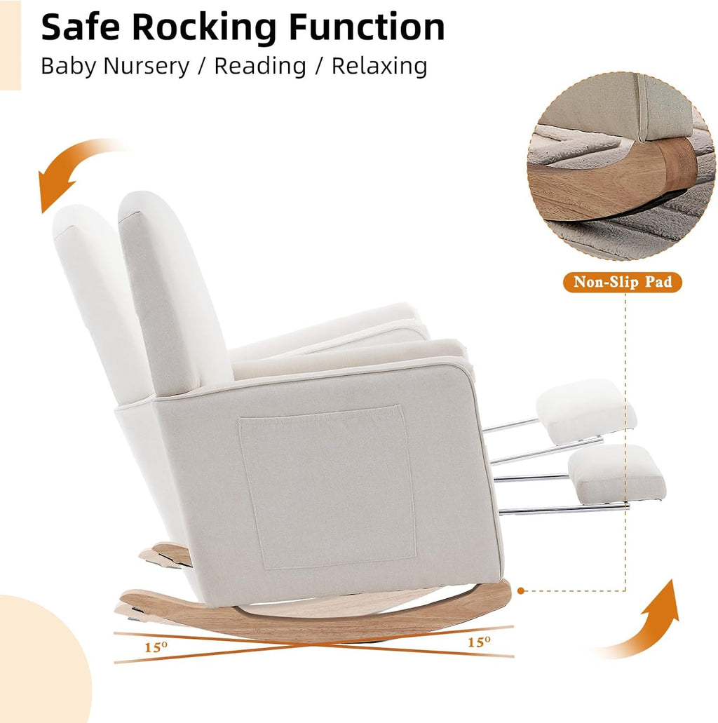 Rocking Chair Nursery with Foot Rest, Nursing Rocking Chair with High Backrest, Glider Rocker Chair for Living Room, Bedroom, Nursery(Cotton Linen Beige)