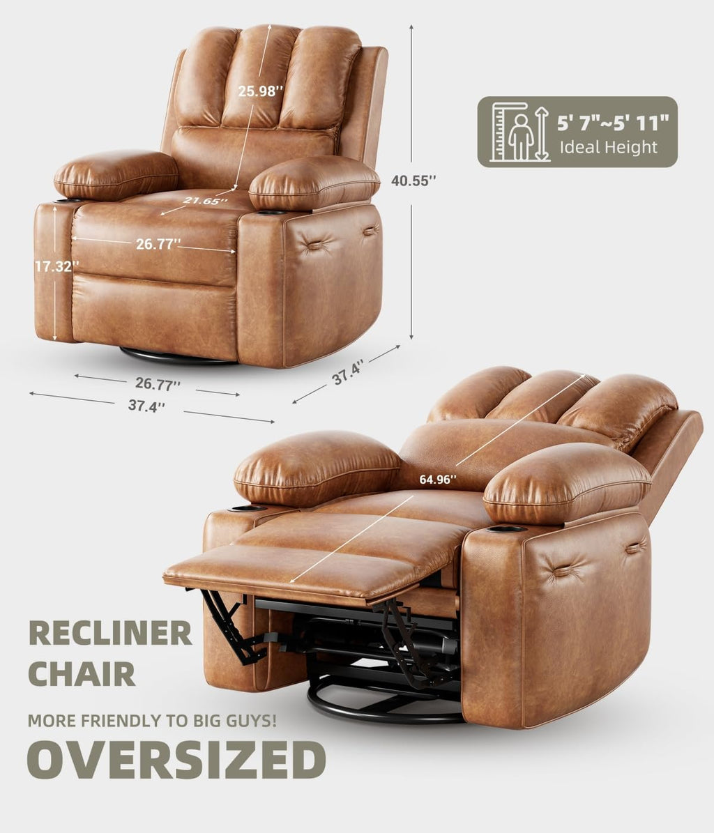 Oversized 27' Power Recliner Chair with Heat and Massage - 360° Swivel Faux Leather Rocking Chair for Adults with Cup Holder for Living Rooms, Bedrooms, and Nurseries - Brown