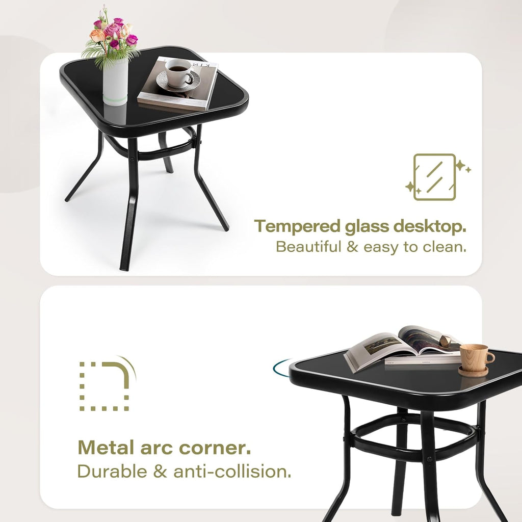 SOLAURA 3-Piece Outdoor Rocking Chairs Bistro Set, Black Iron Patio Furniture with Brown Thickened Cushion & Glass-Top Coffee Table