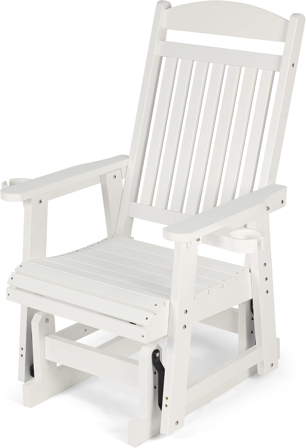 Poly Lumber Patio Glider for One Person, with Cup Holders, High Backrest and Deep Contoured Seat, HIPS Material, All-Weather Resistant, Heavy Duty 700 LBS (Ivory White)