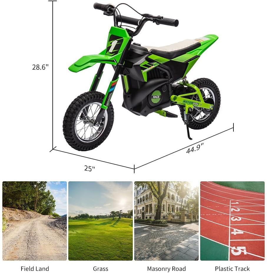 24V Electric Off-Road Motorcycle,250W Motor 13.6MPH Fast Speed Motocross,Leather Seat Dirt Bike,Twist Grip Throttle,Metal Suspension,Air-Filled Tires,for Kids Teens 8+ (Green)