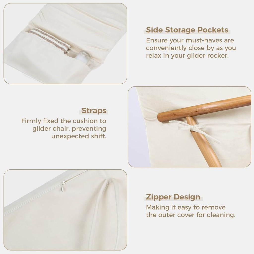ANMINY 5pcs Glider Rocker Replacement Cushions Set - Thickened Velvet Glider Rocking Chair Cushions with 29 inch High Backrest & Side Pockets for Indoor Nursery, Washable & Non Slip, Beige