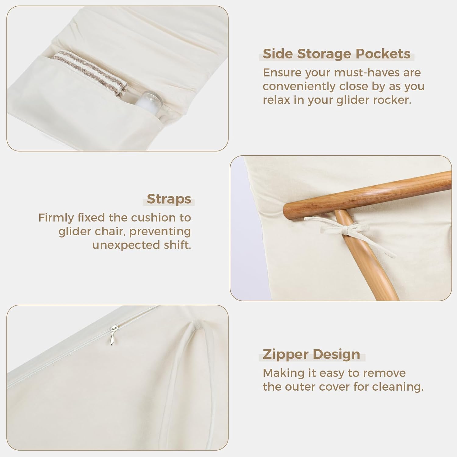 ANMINY 5pcs Glider Rocker Replacement Cushions Set - Thickened Velvet Glider Rocking Chair Cushions with 29 inch High Backrest & Side Pockets for Indoor Nursery, Washable & Non Slip, Beige