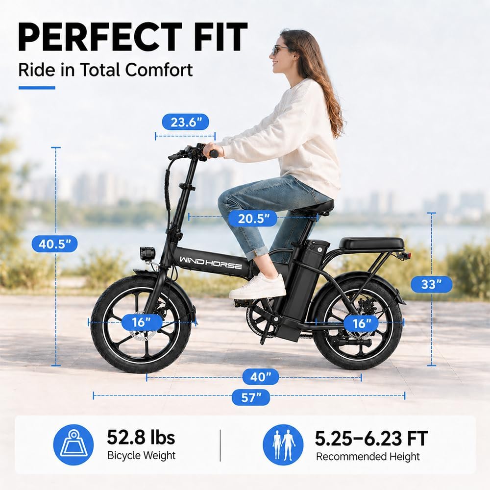 WINDHORSE 16' Folding Electric Bike for Adults, 630W Peak Electric Bicycle, 20MPH, 20-35 Miles Range, 288Wh Removable Battery, UL2849 Certified Commuter Ebike