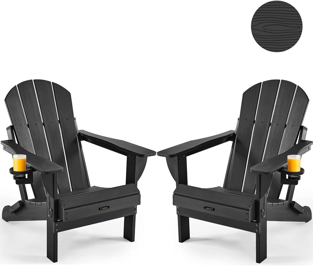 Ciokea Folding Adirondack Chair Wood Texture 2 Pack, Patio Adirondack Chair Weather Resistant, Plastic Fire Pit Chair with Cup Holder, Lawn Chair for Outdoor Porch Garden Backyard Deck (Black)