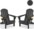 Ciokea Folding Adirondack Chair Wood Texture 2 Pack, Patio Adirondack Chair Weather Resistant, Plastic Fire Pit Chair with Cup Holder, Lawn Chair for Outdoor Porch Garden Backyard Deck (Black)