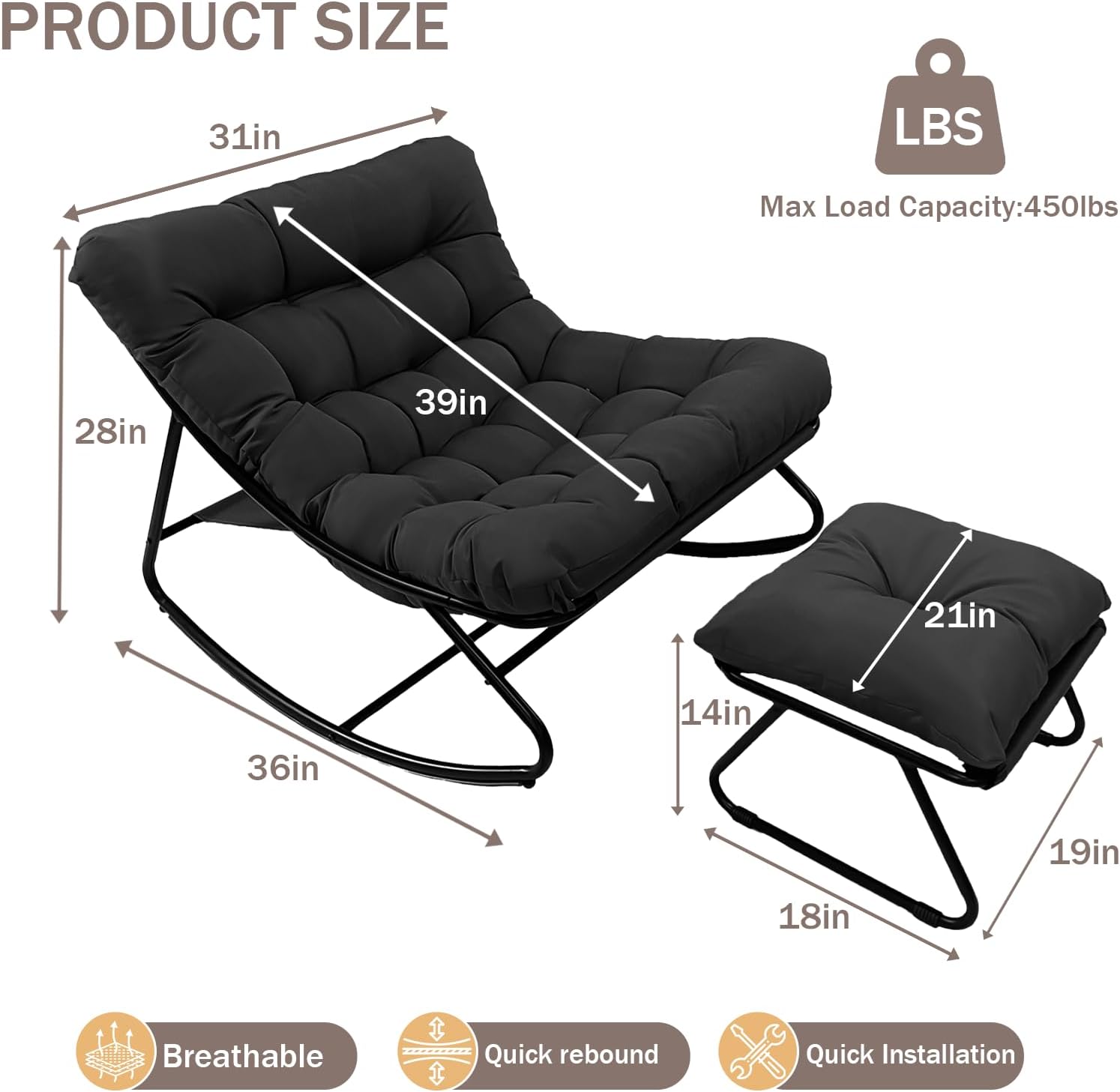 OPLukAS Rocking Chair with Foot Rest, Outside Rocking Chair, Comfy Rocking Chairs with Thick Cushion and Frame, Mecedora for Outside Porch Patio Backyard Balcony Bedroom Offices (Black)
