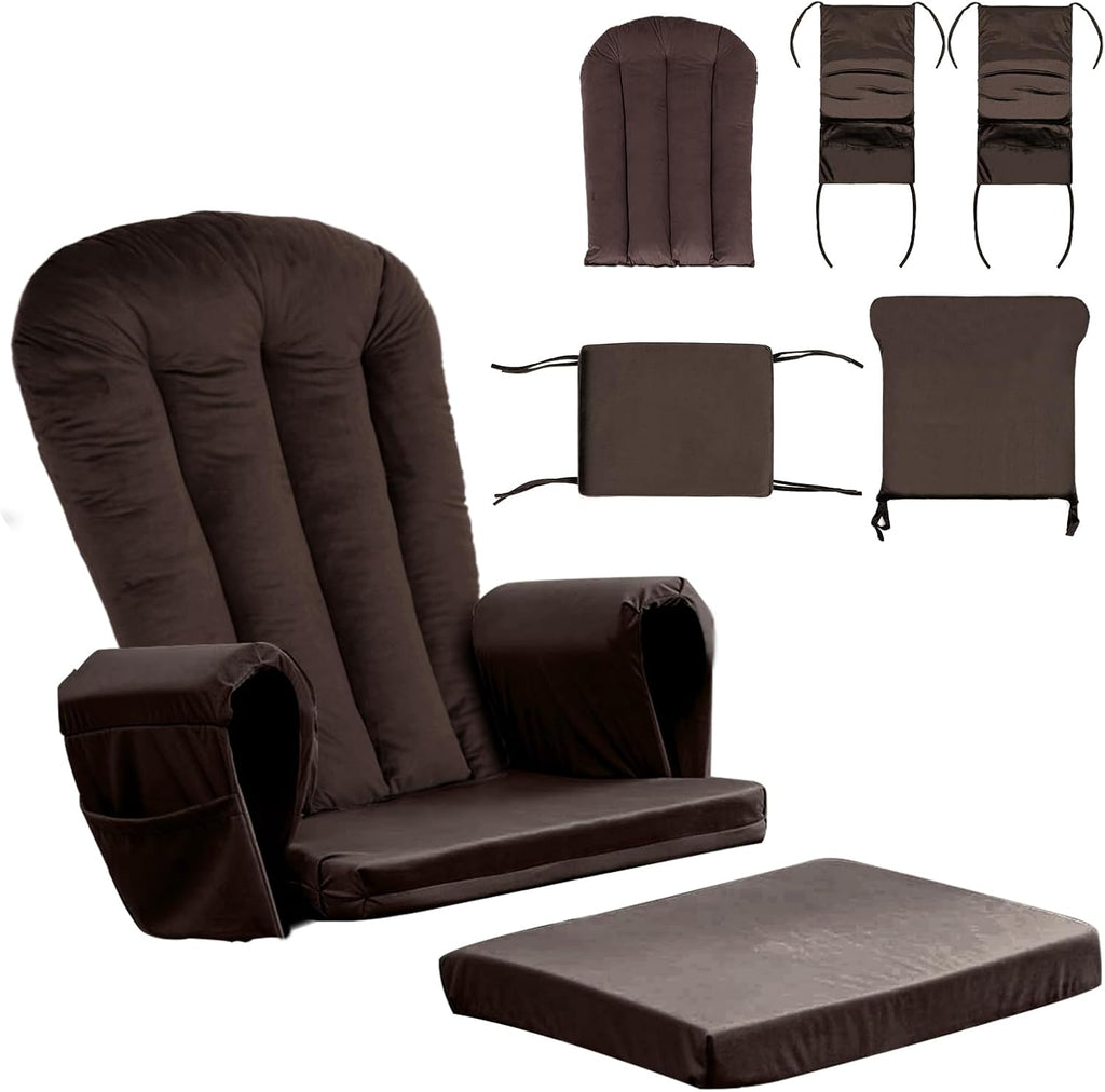 Lucky Monet 5PCS Velvet Glider Rocker Replacement Cushions, Thickened & Supportive Rocking Chair Cushion Set with 29.5 Inch High Backrest & Storage Pockets, for Indoor Nursery Glider, Brown