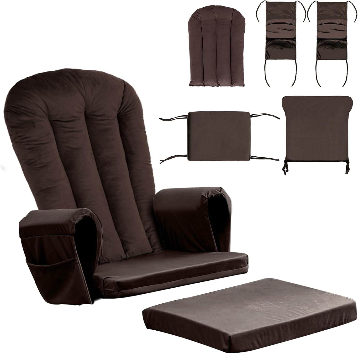 Lucky Monet 5PCS Velvet Glider Rocker Replacement Cushions, Thickened & Supportive Rocking Chair Cushion Set with 29.5 Inch High Backrest & Storage Pockets, for Indoor Nursery Glider, Brown