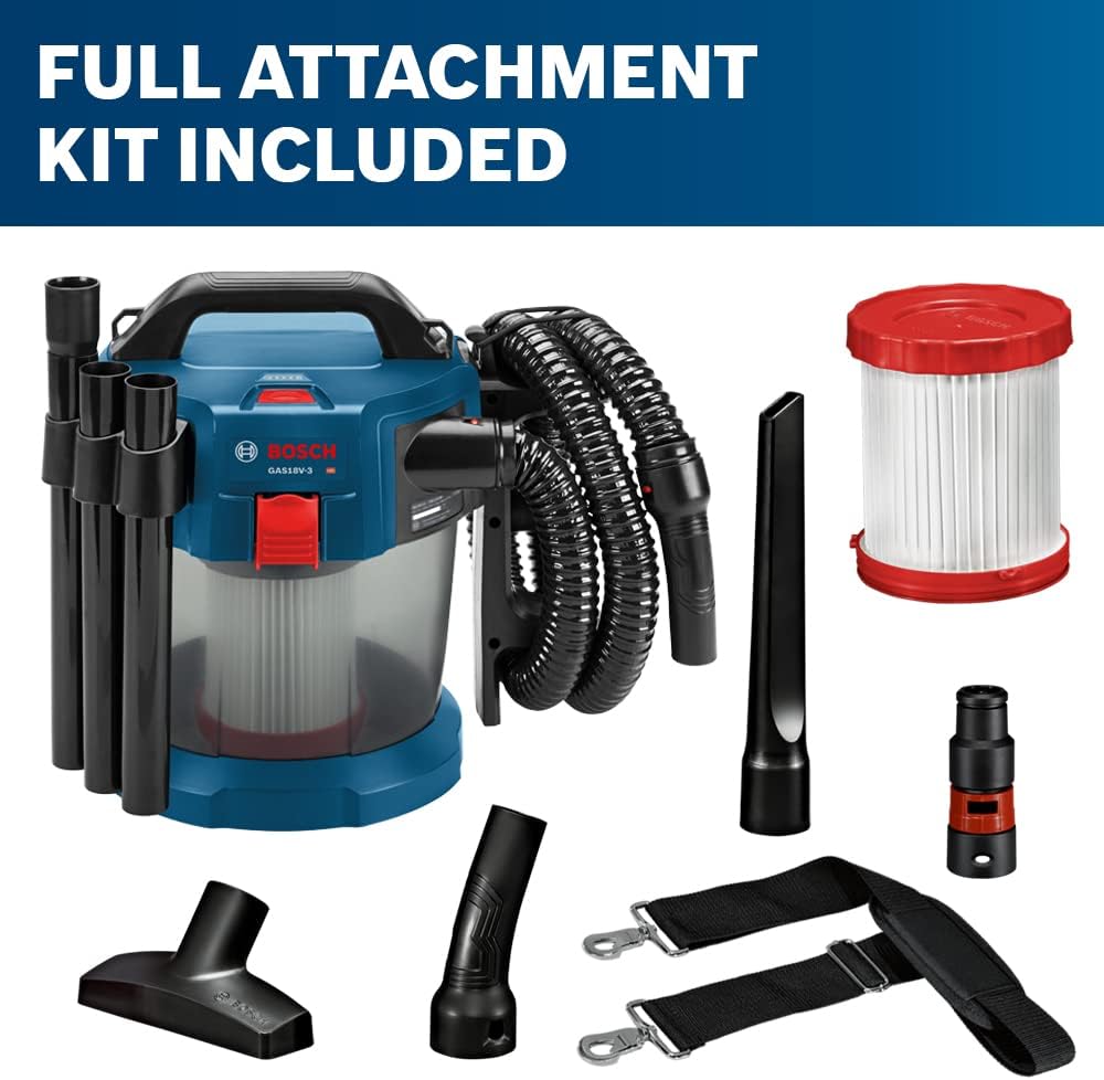 BOSCH GAS18V-3N 18V Cordless Wet Dry Vacuum, 2.6 Gallon Portable Shop Vac & Dust Extractor with HEPA Filter (Bare Tool)