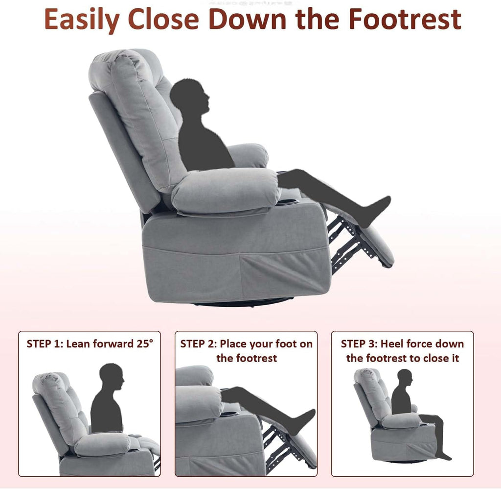 KCQ Swivel Rocker Recliner Chair with Massage and Heat, Fabric Heated Reclining Chairs Manual Recliner with Cup Holder for Adults, Nursery Rocking Glider Chair, Grey