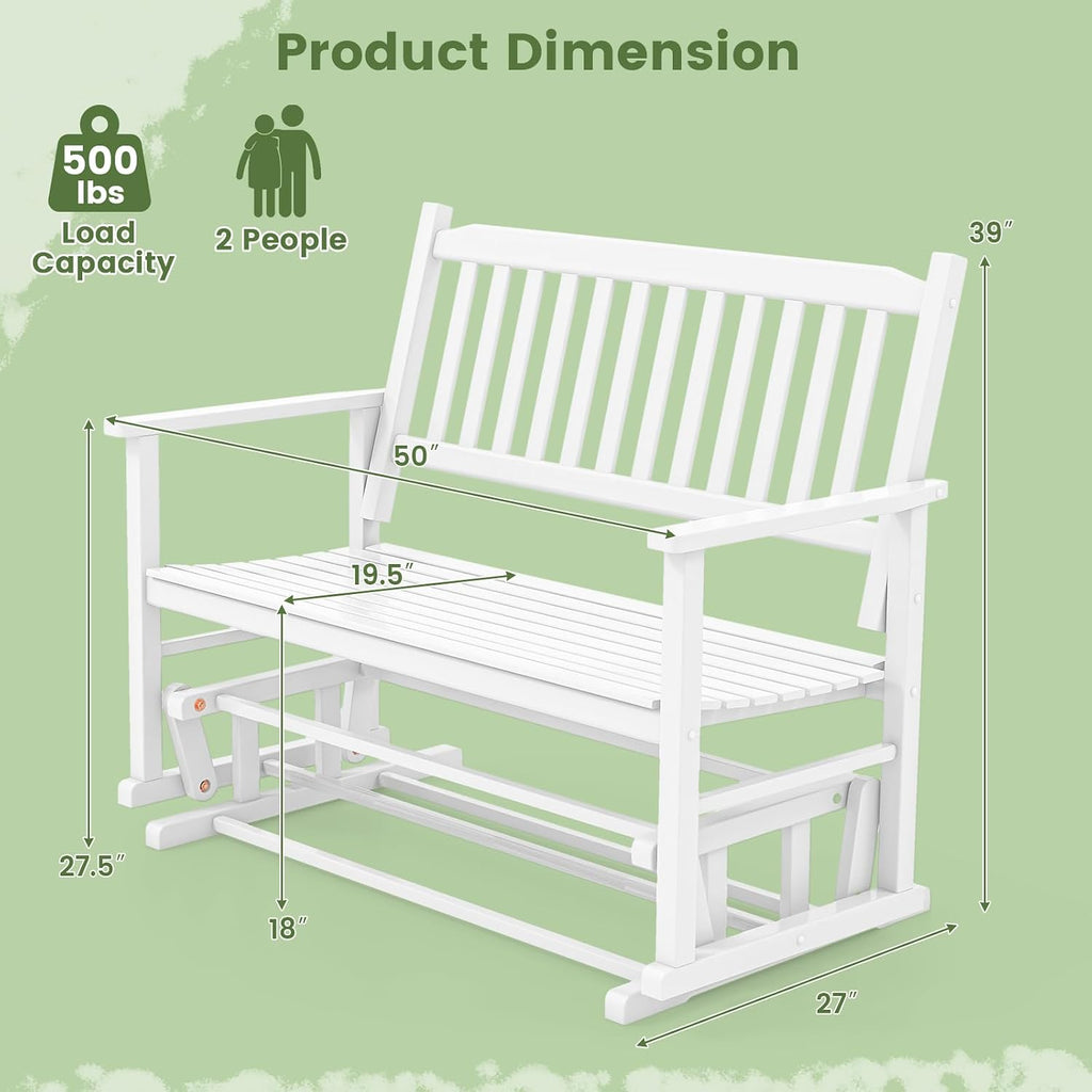 Giantex Outdoor Glider Bench Chair - 2 Person Loveseat, Porch Rocking Glider with Safe & Gentle Gliding, Solid Wood Frame, Slatted Seat, Curved Backrest, 500 Lbs Weight Capacity, Patio Glider (White)