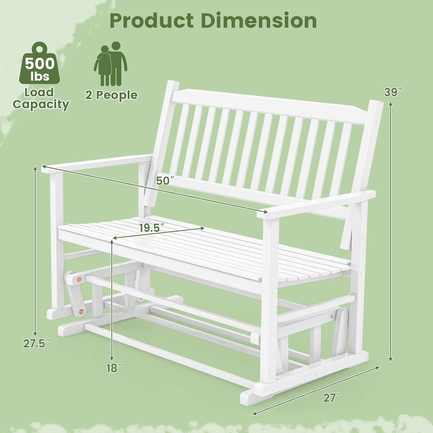 Giantex Outdoor Glider Bench Chair - 2 Person Loveseat, Porch Rocking Glider with Safe & Gentle Gliding, Solid Wood Frame, Slatted Seat, Curved Backrest, 500 Lbs Weight Capacity, Patio Glider (White)