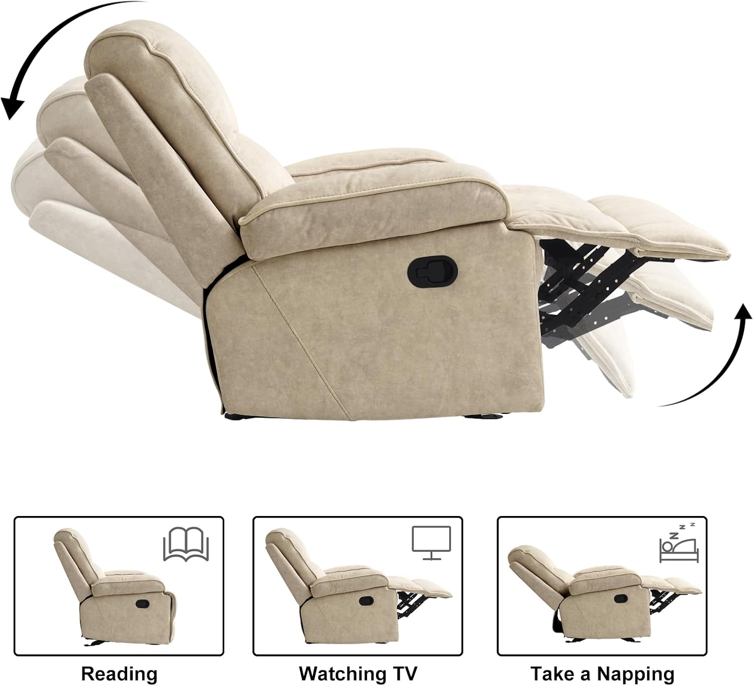 Manual Rocker Recliner Chair for Adults, High Back Glider with Deep Seat, Upholstered Fabric Armchair for Living Room & Nursery, Flaxen