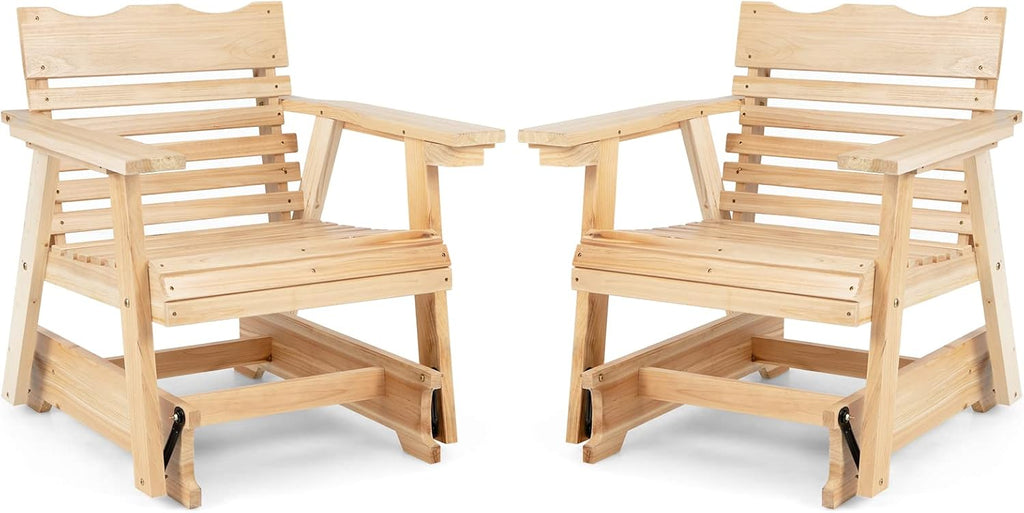 Giantex Outdoor Glider Rocking Chair - Set of 2 Wood Porch Rocker with High Back, Widened Armrests, Curved Seat, Rotatable Cup Holder, Patio Slat Rocking Chair for Yard, Balcony, Poolside, Natural