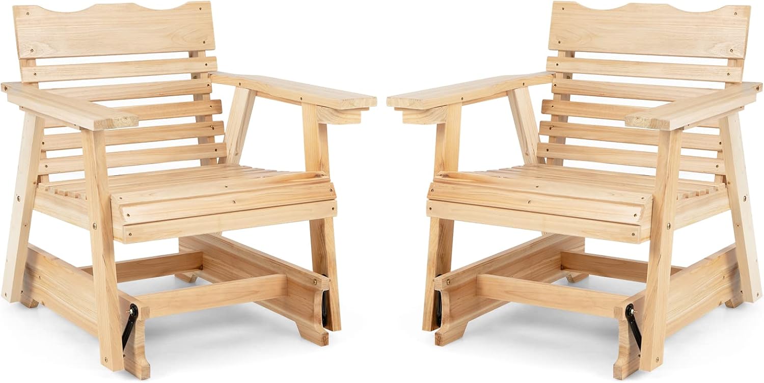 Giantex Outdoor Glider Rocking Chair - Set of 2 Wood Porch Rocker with High Back, Widened Armrests, Curved Seat, Rotatable Cup Holder, Patio Slat Rocking Chair for Yard, Balcony, Poolside, Natural