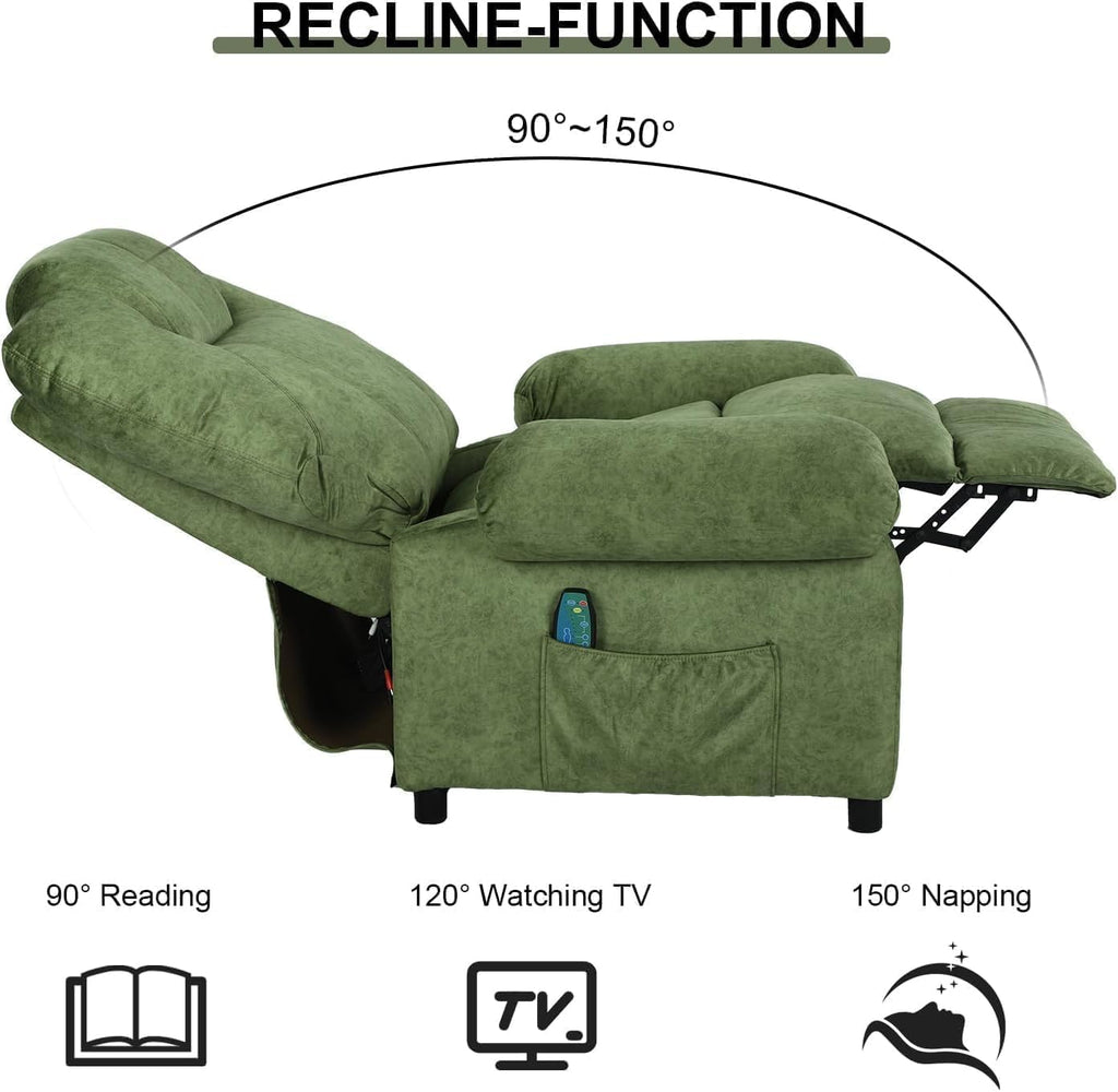 Overstuffed Push Back Recliner Chair for Living Room, Mid Century Fabric Heated Massaging Reclining Chair Small Recliner Chair with Heat and Massage, Green