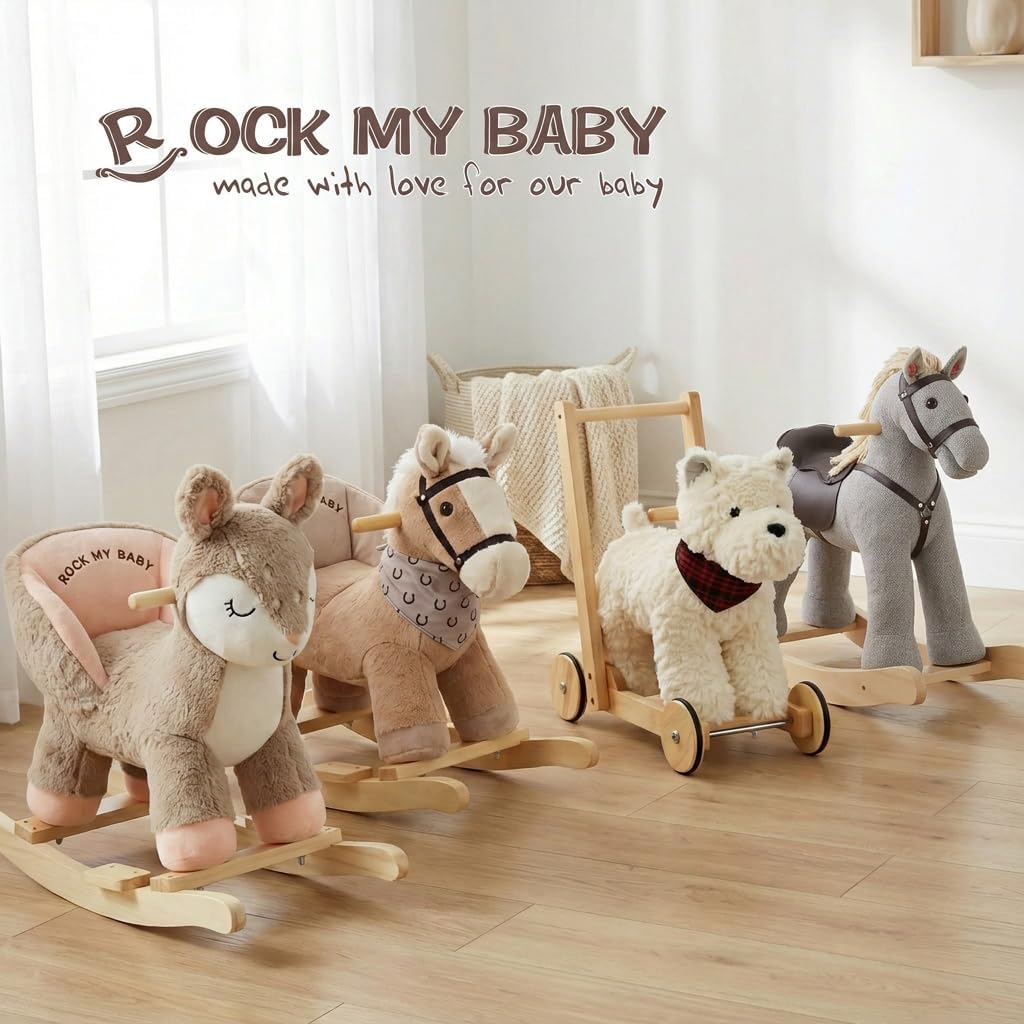 Rock My Baby Rocking Horse Deer with Chair, Plush Stuffed Animal Rocker for Toddlers 1-3, Baby Rocker with Sweet Music, Animal Ride on,Pink Deer,CPC Certified