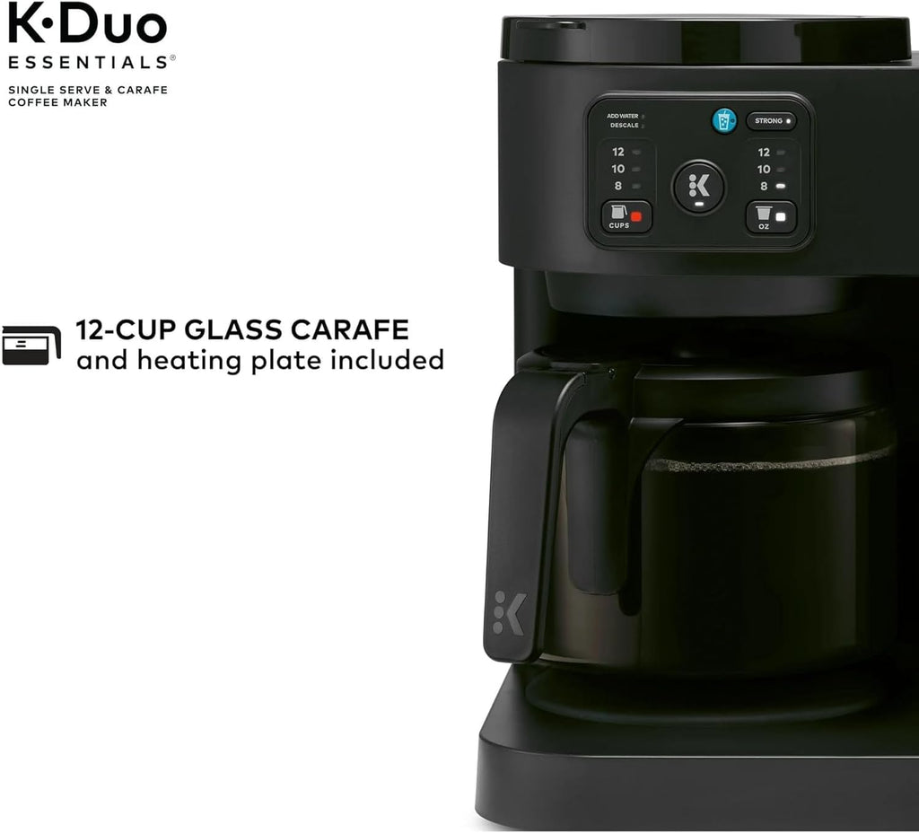 K-Duo Essentials Hot & Iced Single-Serve Coffee Maker with 12-Cup Glass Carafe, Brews KCup Pods & Coffee Grounds, Multiple Brew Sizes, 72 oz Reservoir, Pause & Pour Feature (Blacks)